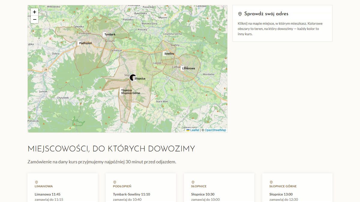 Mapa dostawy Domu Weselnego Lis z obrysami kursów i godzinami przyjmowania zamówień