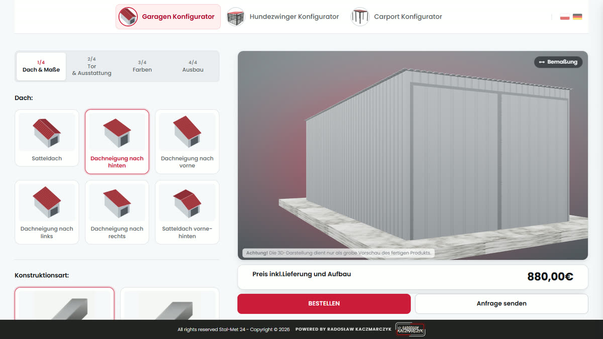 Konfigurator garaży Stalmet z modelem 3D garażu z blachy trapezowej